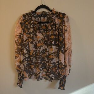 OPT One pretty thing floral smocked ballon sleeve sheer blouse